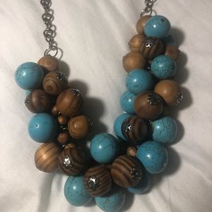 Blue and wood necklace with silver chain